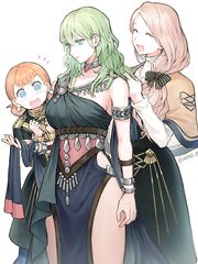 Annette and Mercedes helping dancer Byleth prepare